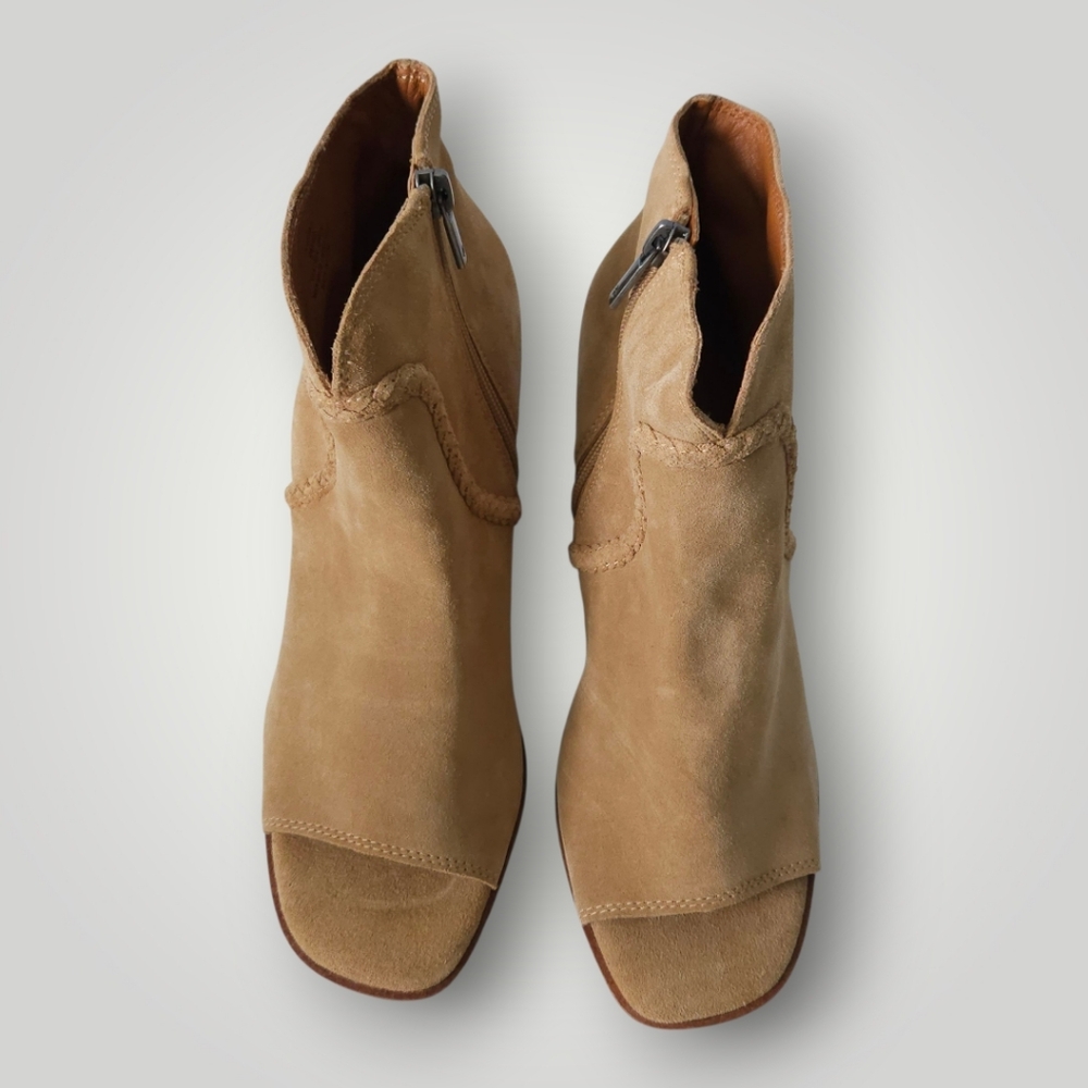 Lucky Brand‎ LK Lureli Suede Peep Toe Wedge Booties Womens 9M Tan Leather Ankle - Picture 4 of 12